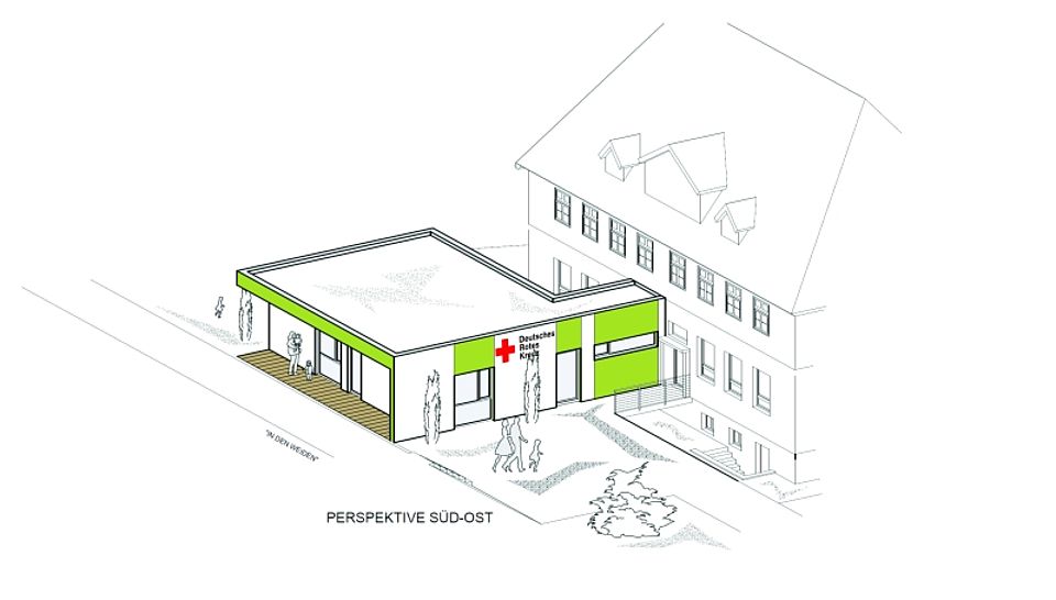 Ansicht mit dem neuen Anbau an das denkmalgeschützte Hauptgebäude in dem der DRK-Kindergarten Lützeln untergebracht ist. ildrechte: Architektenbüro Artec, Dirk Schmelter
