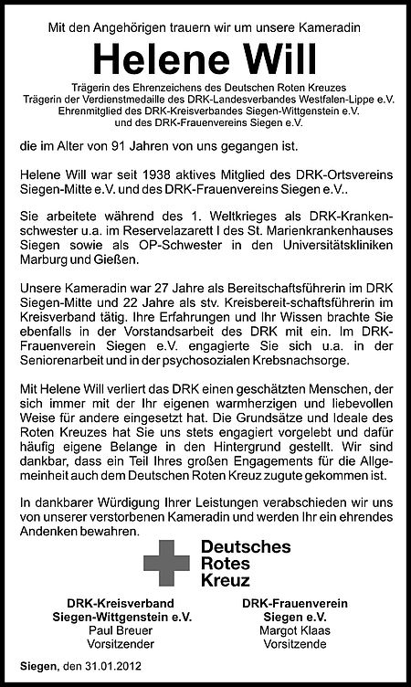 Todesanzeige Helene Will