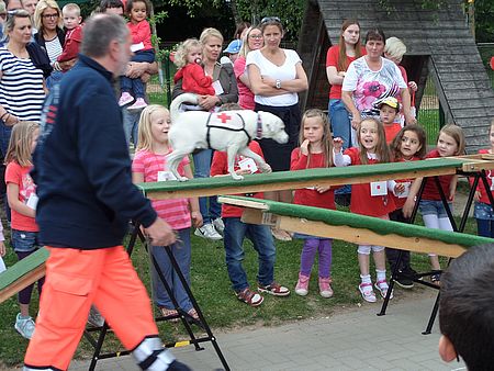 Staffelleiter der Siegener DRK Rettungshunde Günter Scheid, zeigt den Kindern wie sein Rettungshund Paul, Personen sucht.